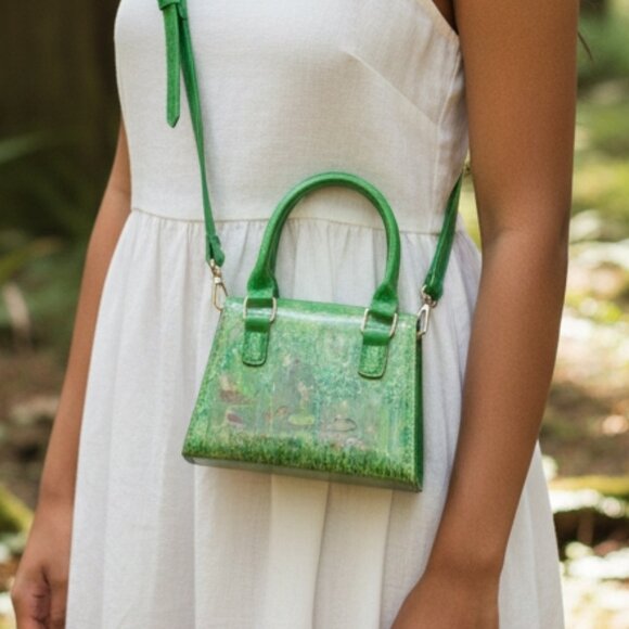 Fairy purse with flowery reveal tiny green handbag crossbody with handle 6x3x5 - Picture 2 of 14